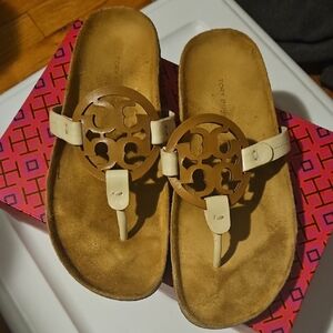 Tory Burch Brown and Cream Slide Sandals